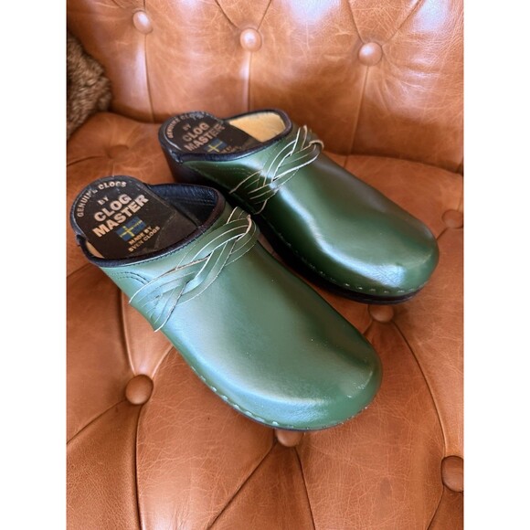 Sven Clog Master Women Eu 41 Green Leather Woven Accent Shoes Wooden Slip On - Picture 3 of 11